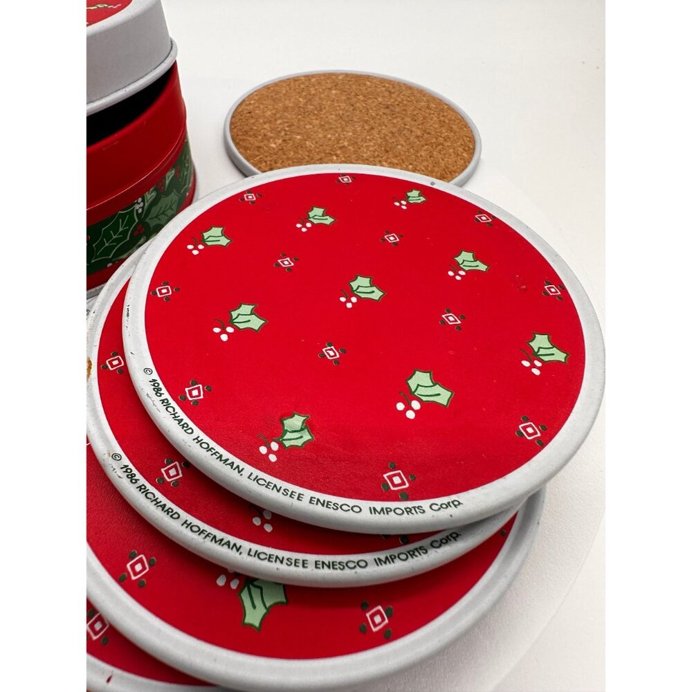 Vintage Enesco Christmas Coaster Set with Tin Holder Retro Holiday Drinkware - Picture 6 of 6